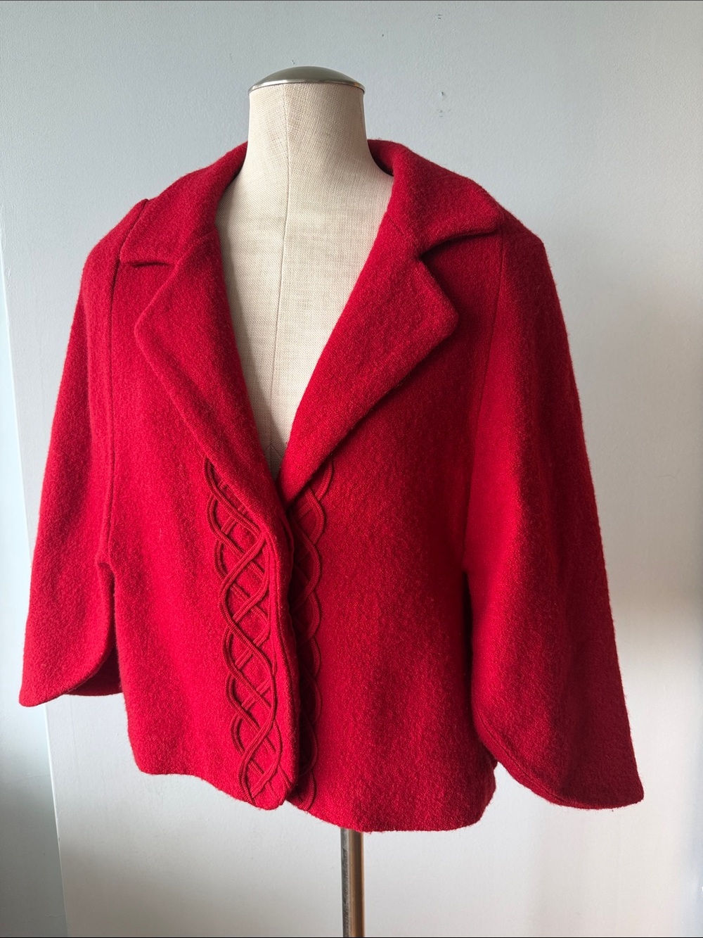 Carraig Donn Red wool capelet with Braided Front Detail
